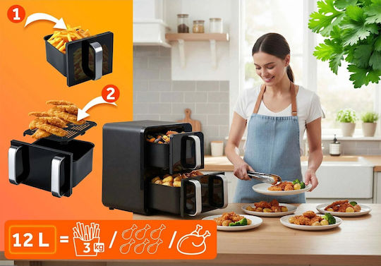 Berdsen Heißluftfritteuse mit Doppeltem Abnehmbaren Behälter 12lt Schwarze BD-664