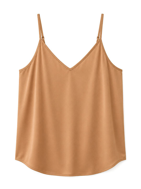 Women's Satin Sleeveless Blouse with V-Neckline Beige-Gold