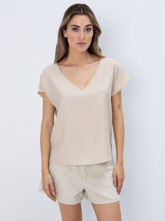 Women's Blouse with V Neckline Beige