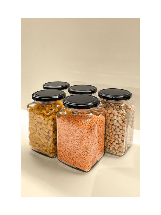 SteweHome Set of 5 General Use Glass Black Jars with Lid 1000ml