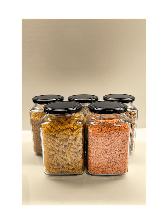 SteweHome Set of 5 General Use Glass Black Jars with Lid 1000ml