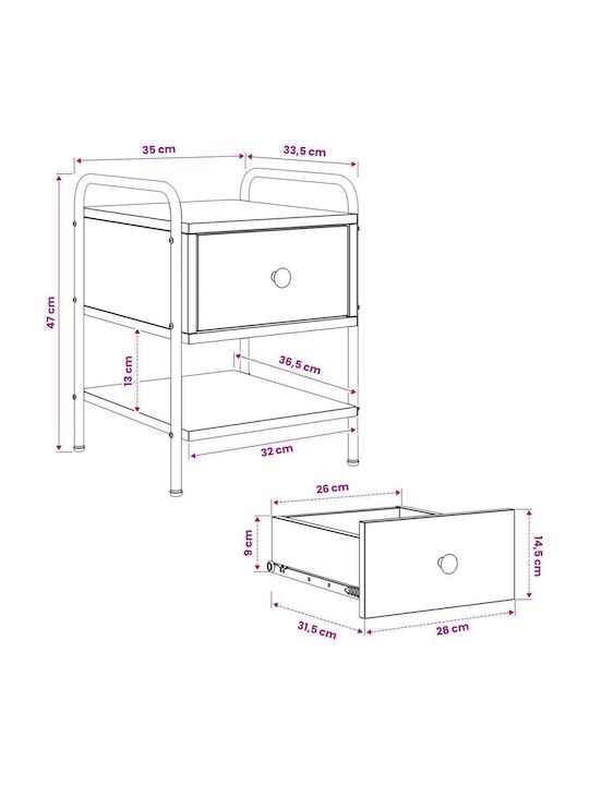 Wooden Bedside Tables With Metal Legs Beige 2 Pieces 35x36.5x47cm