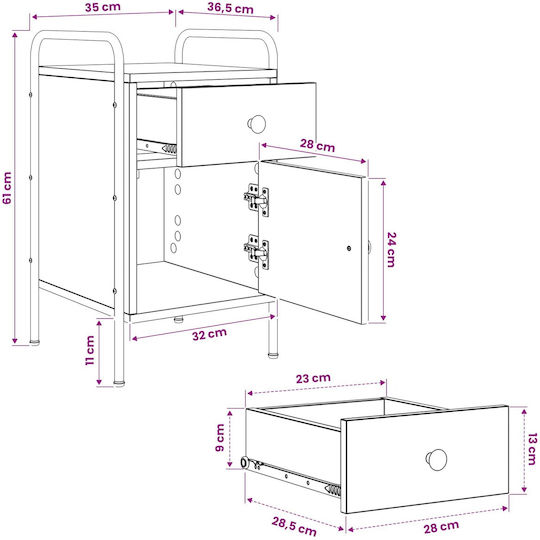 Нощни Шкафчета Дървени с Метални Крака Черни 2 Бройки 35x36.5x61см