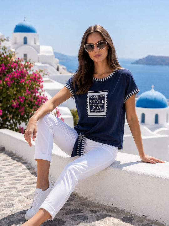 Women's Short Sleeve Striped Blue Blouse