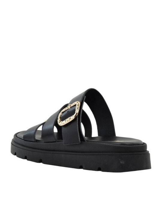 Leather Women's Flat Sandals Black 4534+Black Leather