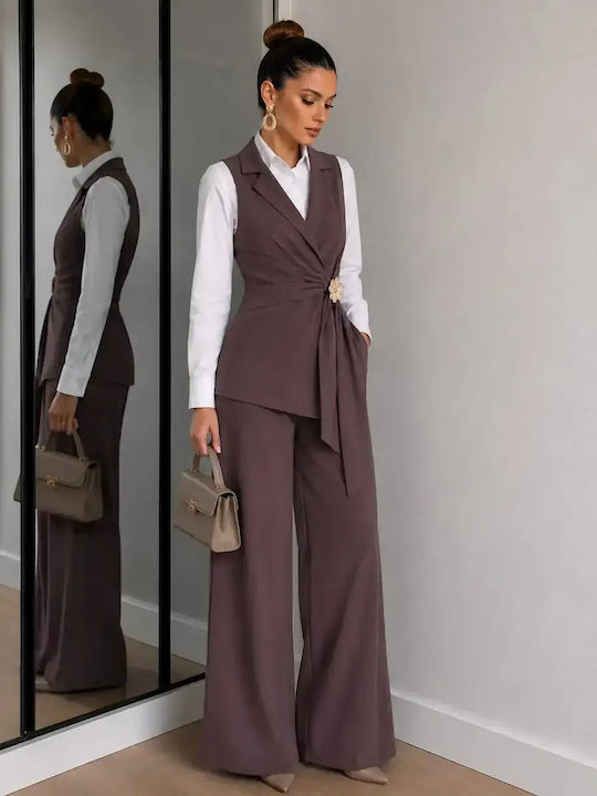 Damen Braune-Lila Satz mit Hochgebirge Gummiband Pantolon