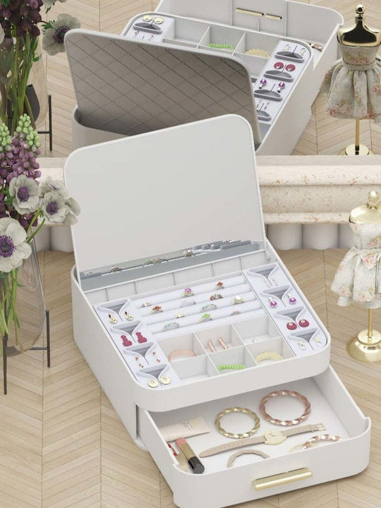 Stewehome Decorative Jewelry Organizer Mirror Drawer Automatic Opening White 22x20x8 Cm