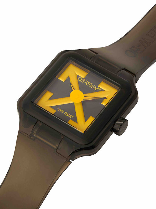 Off White Digital Herrenuhr 45mm Batterie mit Braun Gummi Armband