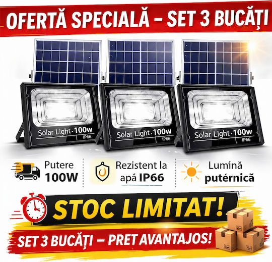 Smart Set 3 Lampi Solare 100W 3200lm Alb Rece 6500K cu Senzor de Mișcare și Telecomandă