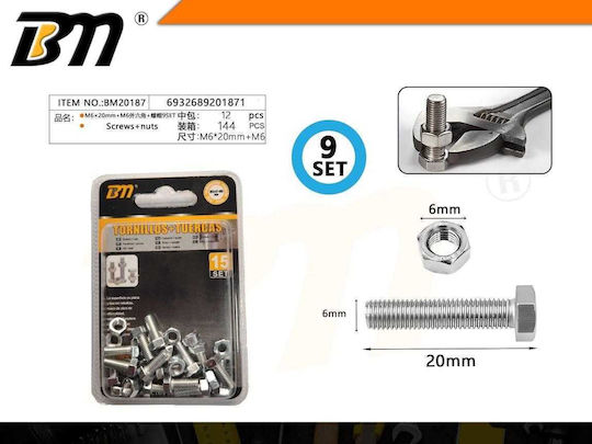 Hexagon Screw Nut M6×20mm+m6 Set 12 Packs 9 Pairs 201871 Tradesor