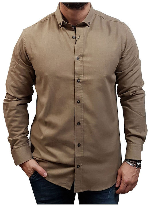 200083 Cămașă Flanelă Mânecă Lungă În Linie Regular Fit Bej