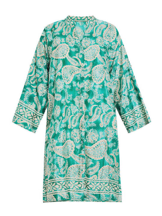 Celestino Women's Kaftan Shirt Metallic Paisley Loose Fit Green
