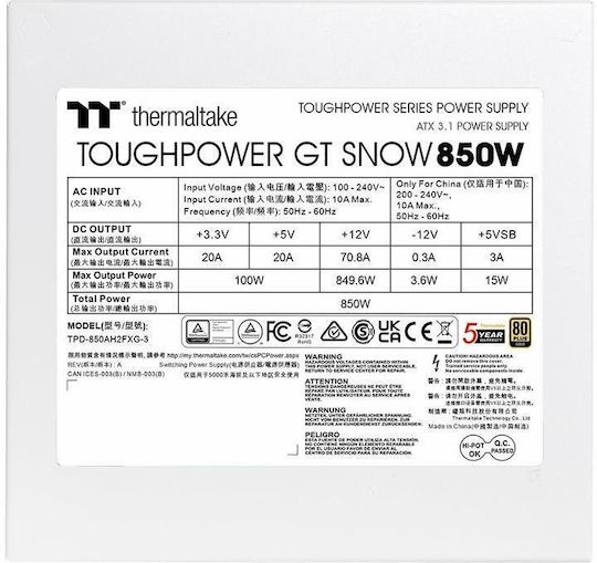 Thermaltake Toughpower GT Snow 850W White Computer Power Supply Full Modular 80 Plus Gold