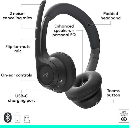 Logitech Zone 305 УЦ Безжични На ушите Мултимедийни слушалки с микрофон и връзка Bluetooth / USB-A / USB-C в Черен цвят