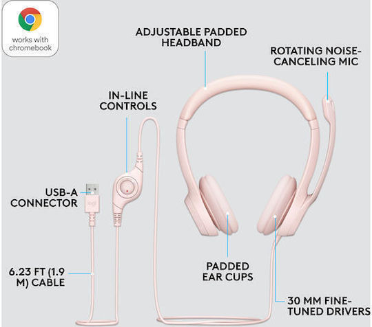 Logitech H390 On Ear Multimedia Headphone with Microphone USB-A Pink