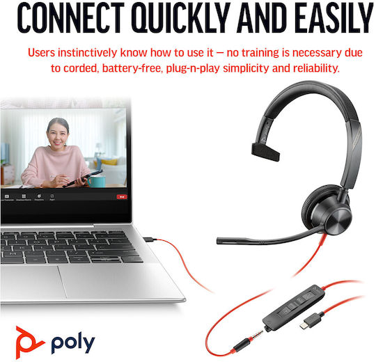 Poly Blackwire 3315 On Ear Multimedia Ακουστικά με μικρόφωνο και σύνδεση 3.5mm Jack / USB-C