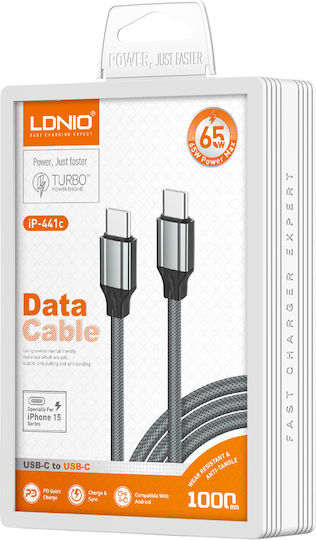 Ldnio USB 2.0 Cable USB-C male - USB-C 65W Γκρι 1m