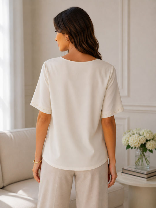 Women's Blouse with Mesh Ecru