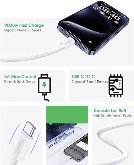 T-Phox Braided USB 2.0 Cable USB-C Male - USB-C 60W White 1m