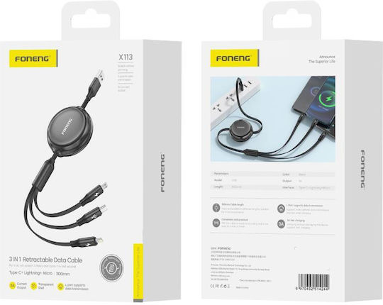 Foneng 3-in-1 Retractable Cable X113 Converter USB-A male to Lightning / USB-C / micro USB female 1pcs