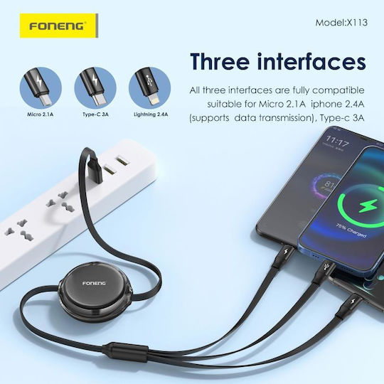 Foneng 3-in-1 Retractable Cable X113 Converter USB-A male to Lightning / USB-C / micro USB female 1pcs