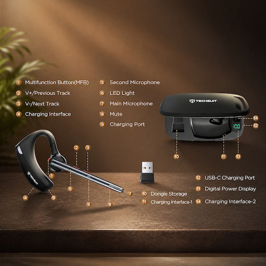 Techsuit SoundForce Pro (G10) In-ear Bluetooth Handsfree Ακουστικό Μαύρο