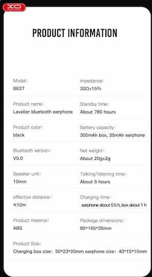 XO BE27 Earbud Bluetooth Handsfree Ακουστικό με Θήκη Φόρτισης Λευκό