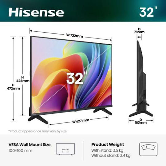 Hisense Smart Τηλεόραση 32" Full HD LED A49S HDR (2026) 32A49S