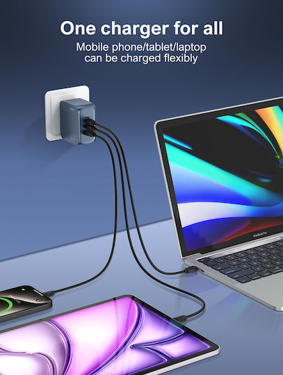 Ldnio Ldnio GaN Handyladegerät mit USB-A Ausgangsanschluss und 2 USB-C Ausgangsanschlüsse und Kabel USB-C - USB-C 65W Stromlieferung Blau (Q7)