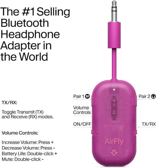 Twelve South Bluetooth Audio Adapter 3.5mm Jack Plug Model Airfly Pro 2 Fuchsia