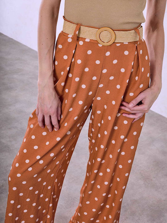 Celestino Women's Polka Dot Trousers with Woven Belt Terracotta