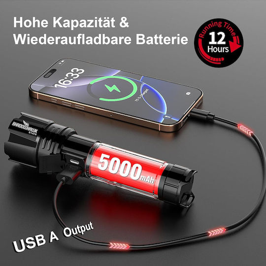 Wiederaufladbar Taschenlampe LED IP67 mit maximaler Helligkeit 10000lm Shadowhawk Schwarz