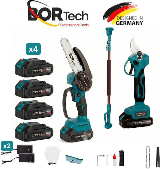 Bortech TS040-BLUE Akkubetriebene Werkzeugsets Kettensäge & Baumschere Brushless 24V mit 4 Batterien 5Ah