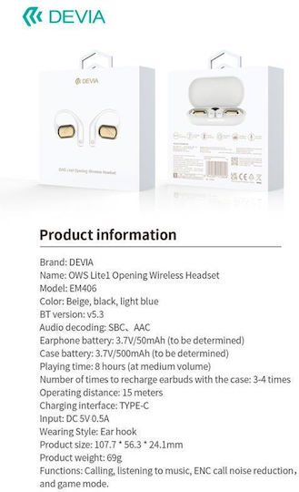 Devia EM406 OWS Lite1 Open Ear Bluetooth Handsfree Căști cu Carcasă de Încărcare Albastru