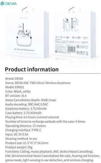 Devia ANC Ultra1 In-Ear Bluetooth-Freisprecheinrichtung Kopfhörer mit Ladeetui Weiß