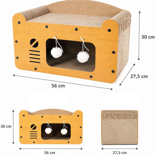 3 în 1 Căsuță pentru Pisici Zola Spațiu de Zgâriat 2 Jucării Material Hdf Carton Ondulat 56 X 27.5 X 30 Cm Maro