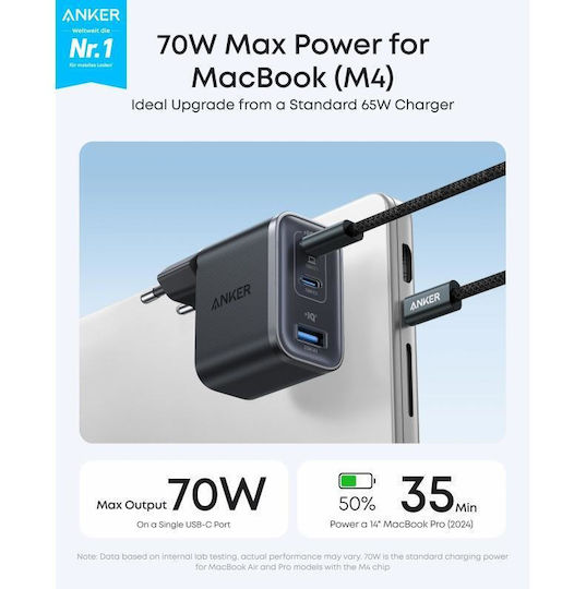 Anker Anker Φορτιστής με Θύρα USB-A και 2 Θύρες USB-C και Kabel USB-C - USB-C 70W Stromlieferung Gray (B121A311)