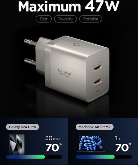 Spigen GaN Charger Without Cable with 2 USB-C Ports 47W Power Delivery / Quick Charge 3.0 Natural Titanium (Essential)