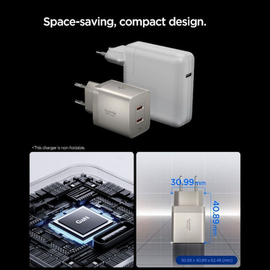 Spigen GaN Charger Without Cable with 2 USB-C Ports 47W Power Delivery / Quick Charge 3.0 Natural Titanium (Essential)