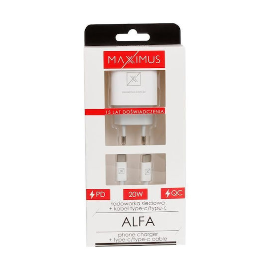 Maxximus Ladegerät ohne Kabel mit USB-A Anschluss und USB-C Anschluss 20W Stromlieferung Weißs