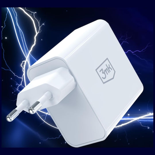 3MK Φορτιστής Χωρίς Καλώδιο GaN με Θύρα USB-A και Θύρα USB-C 45W Power Delivery / Quick Charge 4+ Λευκός (FlowPower)
