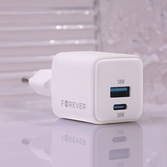 Forever Charger Without Cable GaN with USB-A Port and USB-C Port 30W Power Delivery Whites (TC-08-30AC)