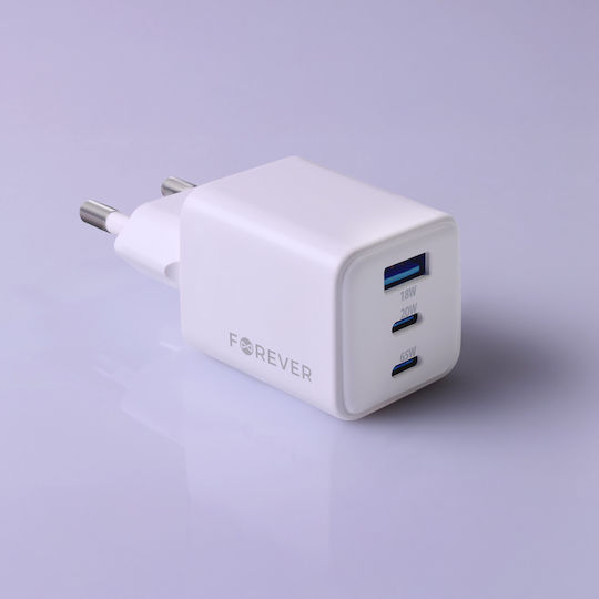 Forever Charger Without Cable GaN with USB-A Port and 2 USB-C Ports 65W Power Delivery Whites (TC-08-65ACC)