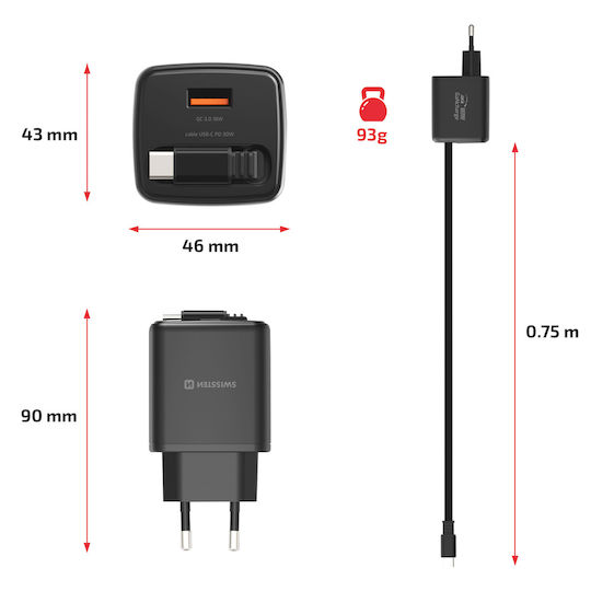 Swissten Usb-a 30w Wall Charger Integrated 0.75m Retractable Usb-c Cable Black