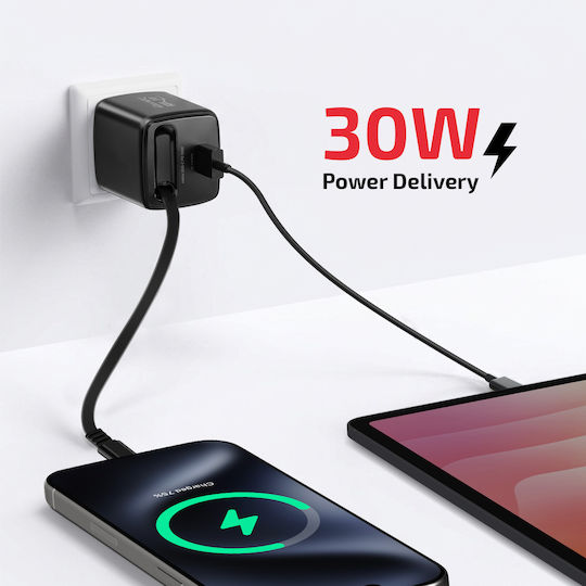 Swissten Usb-a 30w Wall Charger Integrated 0.75m Retractable Usb-c Cable Black