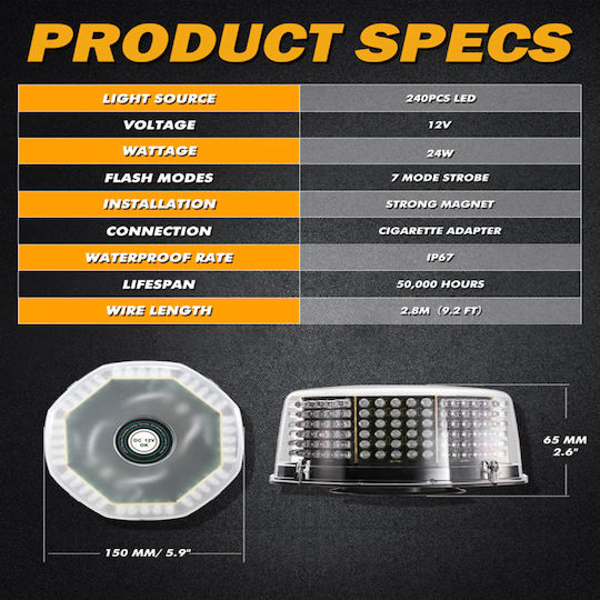 Автомобилен фар LED 12V с Orange / Оранжев Осветление