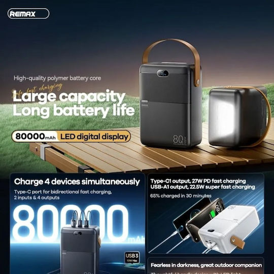Remax RPP-118 Power Bank 80000mAh 27W with 3 USB-A Ports and 2 USB-C Ports Power Delivery Black