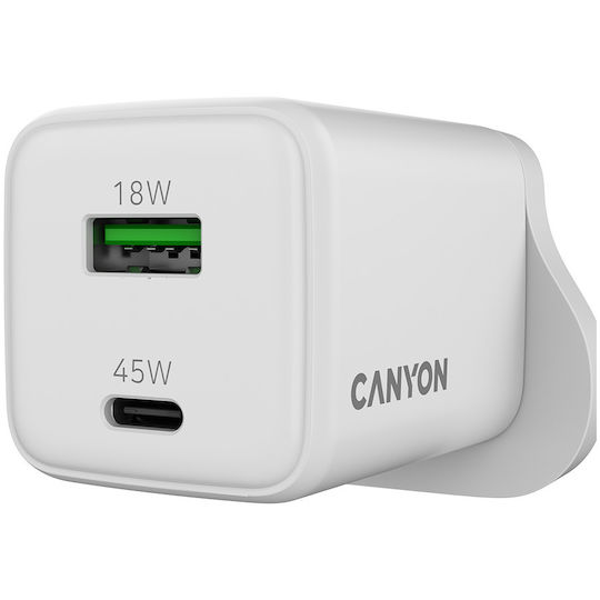 Canyon Φορτιστής με Ενσωματωμένο Καλώδιο GaN με Θύρα USB-A και Θύρα USB-C 45W Power Delivery Λευκός