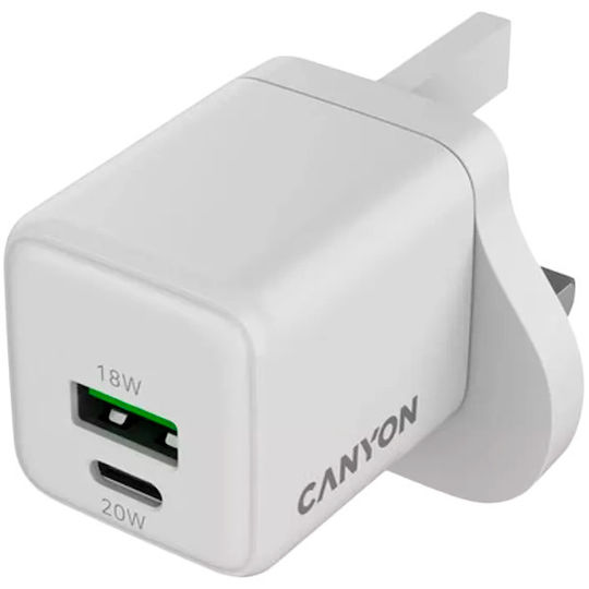 Canyon Φορτιστής με Ενσωματωμένο Καλώδιο GaN με Θύρα USB-A και Θύρα USB-C 20W Power Delivery Λευκός