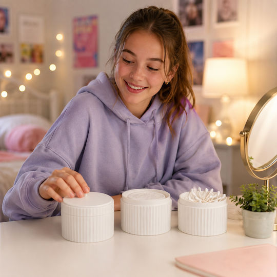 Femmit Badezimmerzubehör-Set aus 3 Stück Weiß mit Deckel Baumwolle Wattestäbchen Haarnadeln & Make-up-Accessoires